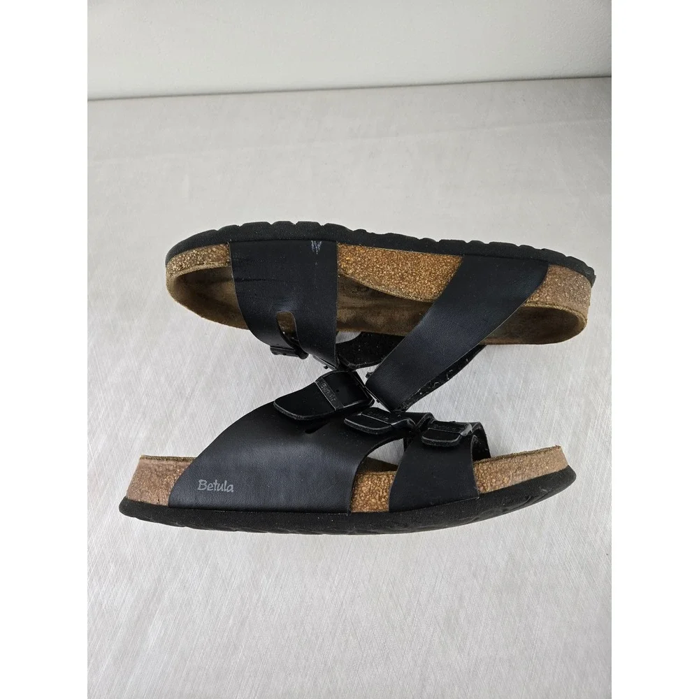 Betula Black Leather Cork Footbed Sandals Women Size39 Adjustable Buckle Comfort